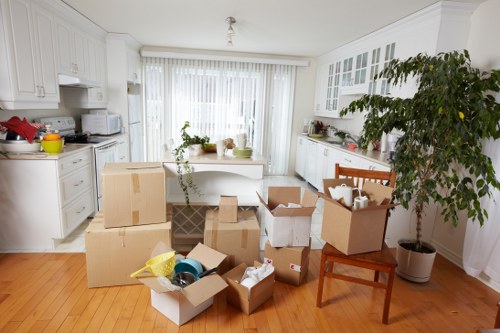 Organized packing supplies and labels for a Kennington relocation