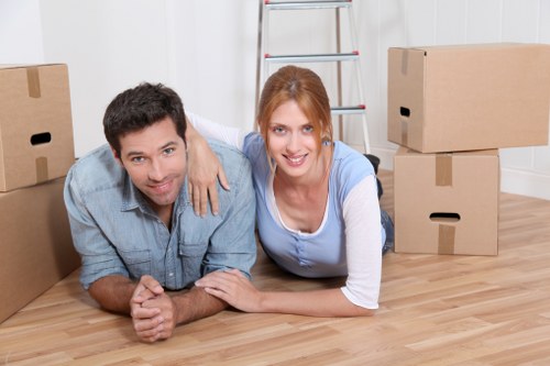 Securely stacked furniture and boxes inside a moving van